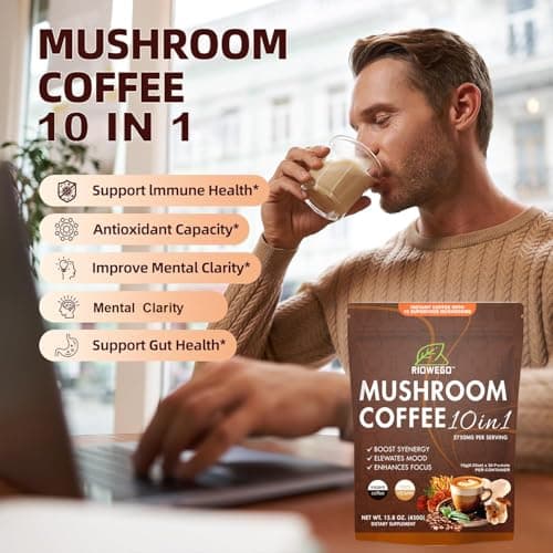 Mushroom Coffee Powder,10-in-1 Mushroom Superfood Adaptogen Mix-Organic Lion's Mane, Chaga, Turkey Tail, Reishi, Instant Coffee For Gut Health, Immunity, Energy, Focus-30 Serving - Thumbnail 3