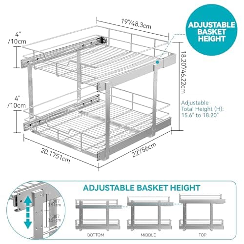 2 Tier Pull Out Cabinet Organizer 20" W X 22" D, Slide Out Drawers For Kitchen Cabinets, Pull Out Drawers For Cabinets Capacity Heavy Duty Caddy, Cabinet Pullout Shelves Chrome-Plated,Bathroom Pantry - Thumbnail 2