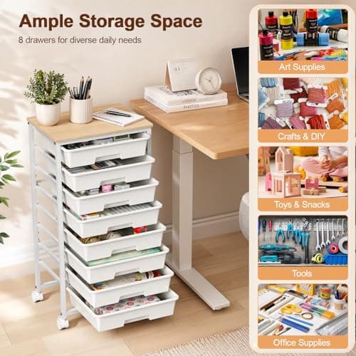 LEHOM Rolling Storage Cart with 8 Drawers, Utility Cart on Wheels with Metal Frame and Wooden Tabletop for Living Room Bedroom Dorm, Office Storage & Art Supply Craft Organizer for Classroom - Thumbnail 3