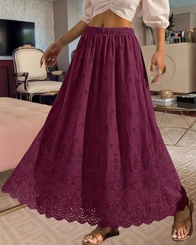 dowerme Women Summer Maxi Skirt Cute Elastic High Waist Boho Eyelet A-Line Cotton Flowy Long Skirts Spring Clothes 2026(Burgundy,Large) - Thumbnail 6