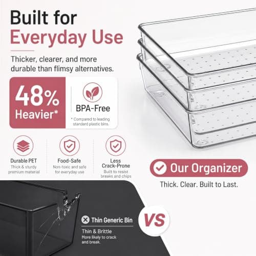 8 Pack Large Clear Plastic Drawer Organizer Bins - Acrylic Bathroom Drawer Organizer Trays - Heavy Duty Kitchen Drawer Dividers for Utensils - Non-Slip Storage Bins for Makeup, Bedroom, Office Desk - Thumbnail 4
