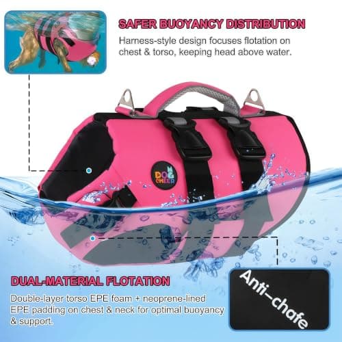 Dogcheer Dog Harness Life Jacket, High Buoyancy Neoprene Dog Life Vest for Swimming Boating, Adjustable Puppy Swim Vest Reflective Pet Float Vest for Small Medium Large Dogs - Pink, S - Thumbnail 4