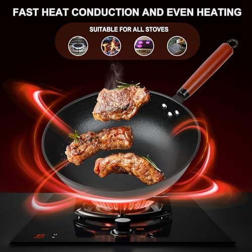 13" Nonstick Wok - Wok Pan with Glass Cover, Carbon Steel Woks & Stir-Fry Pans: Flat Bottom Chinese woks for Electric, Induction, Gas, All Stoves - Thumbnail 5