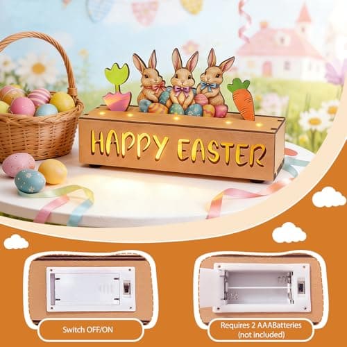 Happy Easter Decorations with LED Lights, Wooden Easter Decor Gifts for Table, Lighted Happy Easter Sign with Bunny, Carrots, Tulip and Easter Eggs, for Spring Mantel, Tiered Tray, Home Desk 8.6 inch - Thumbnail 3