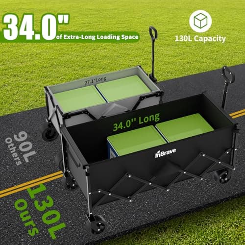 InBrave Extra Long Collapsible Wagon Cart, 480LBS Heavy Duty Utility Wagons with All-Terrain Wheels, Foldable Grocery Carts for Gardening, Shopping, Beach, Camping, Black - Thumbnail 3