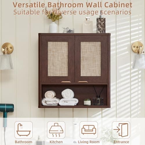 LEYAOYAO Rattan Bathroom Wall Cabinet, Boho Medicine Cabinet with Adjustable Shelf & Doors, Over The Toilet Storage Cabinets Organizer for Laundry Room, Kitchen, Living Room, Walnut - Thumbnail 6