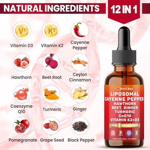 Cayenne Pepper Drops Liposomal Supplement Liquid + Hawthorn Berry, Vitamin D3 K2 Beet Root Powder, Ceylon Cinnamon, CoQ10, Turmeric Curcumin, Cayenne Pepper Extract - 4oz - Thumbnail 3