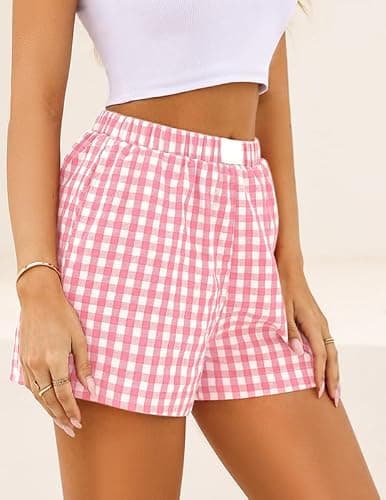 Marvmys Cotton Boxers for Women Lightweight Shorts Baggy Boxer Shorts Elastic Waist Plaid Pj Bottoms Pink M - Thumbnail 2