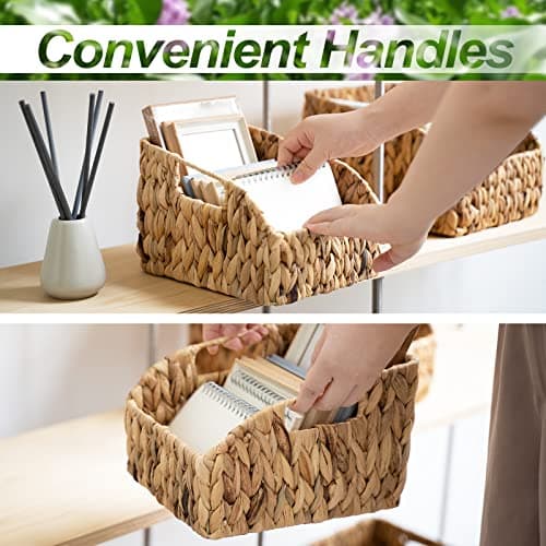 FairyHaus Wicker Baskets 2 Pack, Natural Large Wicker Baskets for Storage, Nesting Hand-woven Water Hyacinth Wicker Baskets for Organizing with Built-in Handles, 9"L x 11"W x 7"H - Thumbnail 4