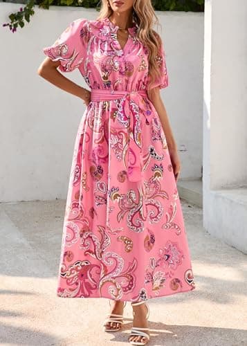 KIRUNDO Women Spring Summer Wedding Guest Boho Floral Maxi Dress Puff Sleeve Button Shirt V Neck Flowy Beach Vacation Dress(Pink, Small) - Thumbnail 6