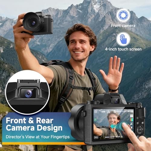 4K Digital Camera for Photography, 64MP Dual Lens Vlogging Camera with 4.0" Touchscreen, Point and Shoot Camera for Beginners Teens, WiFi Digital Camera with 16X Digital Zoom & 64GB SD Card - Thumbnail 3