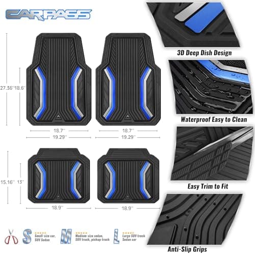 CAR PASS Heavy Duty Rubber Floor Mats for Car, Sporty Waterproof Deep Dish Car Mats, Universal Trim to Fit for SUV Truck Sedans Van, All Weather Non-Slip 4 Piece Automotive Floor Mat Black and Blue - Thumbnail 3