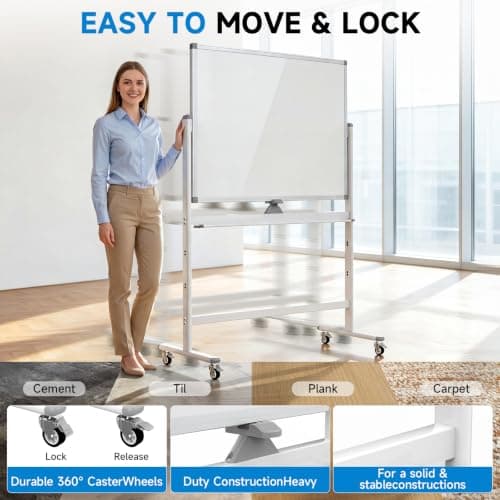 Rolling Whiteboard 48"x36" Magnetic Dry Erase Board with Stand, Double Sided Mobile Whiteboard on Wheels, Non-Foldable Large Portable White Board for Office, Classroom & Home - Thumbnail 4
