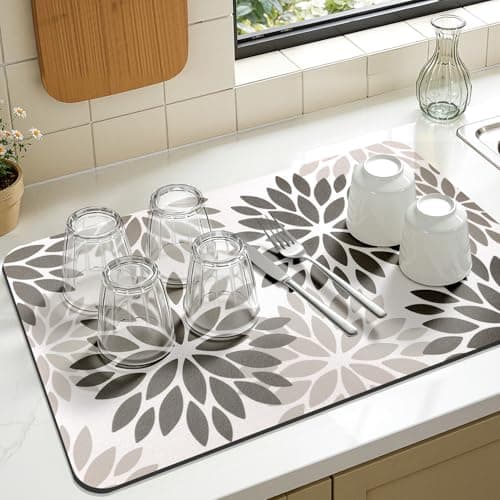 Findosom Floral Dish Drying Mat, 12" x 20" Super Absorbent & Hide Stain Coffee Mat, Cuttable Drying Mat for Kitchen Counter, Under Dish Rack, Coffee Maker, Espresso Machine, Dark Gray - Thumbnail 5