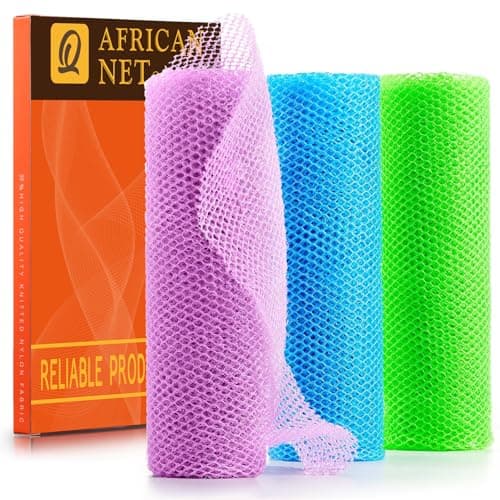 UJFQBH 3 Pieces African Bath Sponge African Net Long Net Bath Sponge Exfoliating Shower Body Scrubber Back Scrubber Skin Smoother,Great for Daily Use (Pale Purple, Blue, Green)