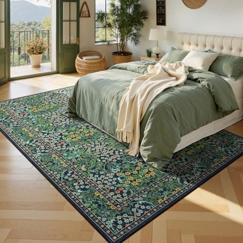 Lessymo Floral Living Room Rug 8x10 Area Rugs, Vintage Forest Washable Rugs for Dining Room Bedroom, Low Pile Non Slip Rubber Green Mat, Distressed Retro Indoor Boho Carpet, Forest Green - Thumbnail 2