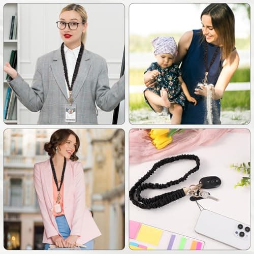 Scrunchie Lanyard with ID Holder Teacher Lanyards for ID Badges and Stretchy Scrunchie Keychain Wristlet for Women (Black) - Thumbnail 6