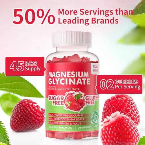 90 CT Magnesium Glycinate Gummies 1000mg - Sugar Free Magnesium Potassium Supplement with Vitamin D, B6, CoQ10 for Calm Mood & Sleep Support - 90 Raspberry Gummies - Thumbnail 6