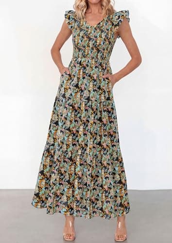 PRETTYGARDEN Women's Boho Floral Maxi Dress 2026 Summer Smocked V Neck Ruffle Sleeve Spring Flowy Beach Vacation Sundresses (Black,X-Large) - Thumbnail 3