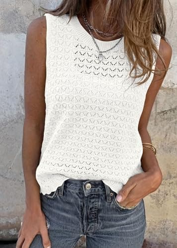 KIRUNDO Crochet Tops for Women 2026 Spring Summer Sleeveless Sweater Vest Tank Top Knit Pullover Beach Vacation Outfits (White, XX-Large) - Thumbnail 2