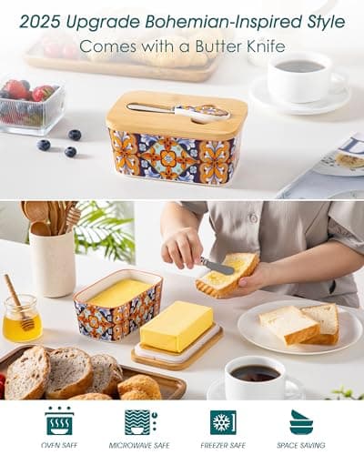 vancasso SIMI Butter Dish with Lid, 6.5" Large Butter Dish for Countertop, Bohemian Ceramic Butter Keeper Container with Knife and Bamboo Lid, Butter Holder for Counter, Amber Elegance - Thumbnail 3