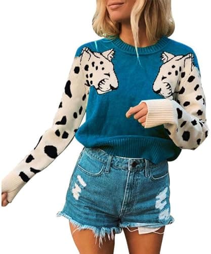 Angashion Women's Sweaters Casual Floral Printed Patchwork Long Sleeves Knitted Pullover Cropped Sweater Tops 367 Peacock Blue L - Image 1