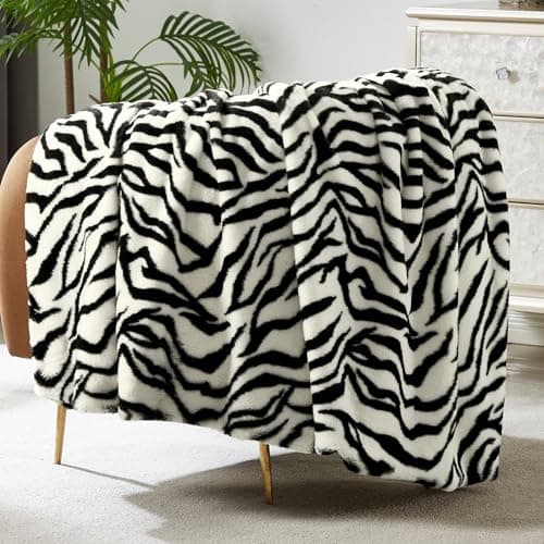 JONIYEAR Soft Fluffy Zebra Print Faux Rabbit Fur Throw Blanket 50" x 60", Luxury Cozy Shaggy Fuzzy Blankets, Reversible Cute Warm Animal Printed Blanket for Women Winter,Washable,Cream White and Black - Image 1