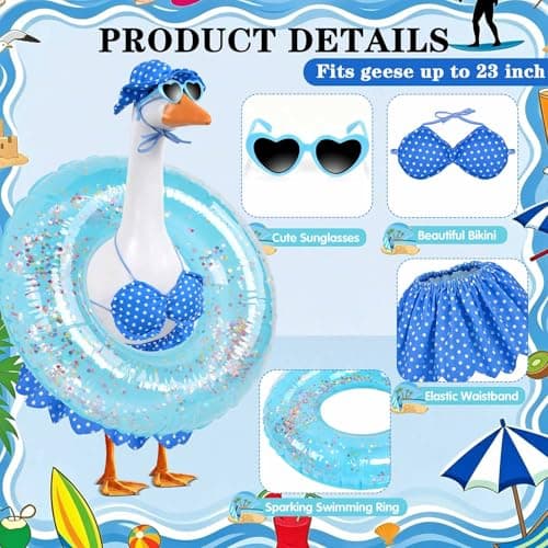 yuboo Hawaiian Porch Goose Outfits, 5 Pcs Summer Bikini Goose Outfit Fits 23 Inch Goose Statue with Sunglasses, Swimming Ring, Hat and Skirt for Pool Party Cement Garden Yard Decor - Thumbnail 3