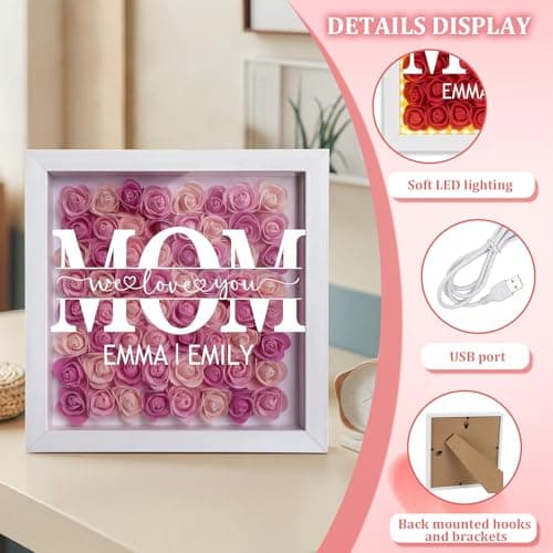Personalized Mom Flower Shadow Box with LED Light, Custom Rose Frame with Kids Names, Mother's Day Birthday Gift for Mom Grandma Nana, Custom Text Flower Colors, Shelf Decor (Variegated) - Thumbnail 5