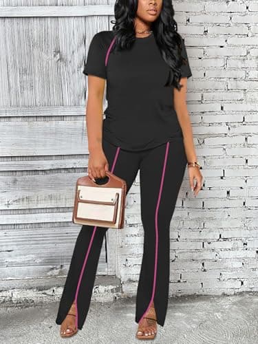 STOLKISS Casual Workout Two Piece Outfits for Women Summer Vacation Fitted Crew Neck T-shirt High Waist Pants Matching Sets Streetwear Black XL - Thumbnail 2