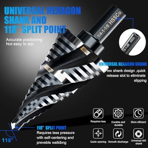 Four Spiral Flute M35 Step Drill Bit Set 1/4" - 1-1/8”(15 Sizes), 3/8" Shank for Metal Step Drill bit, Impact Resistant Cobalt Step Drill Bit, for Stainless Steel, Wood, Aluminum, Plastic - Thumbnail 2