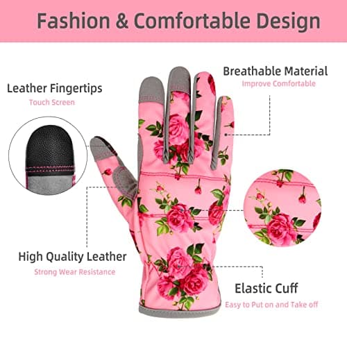 YRTSH Leather Gardening Gloves for Women, Flexible Breathable Garden Gloves,Thorn Proof Working Gloves for Weeding, Digging and Pruning, Medium, Pink - Thumbnail 5