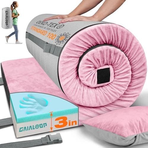 GAIALOOP 3 Inch Memory Foam Camping Mattress, Dual Layer Thick Sleeping Camp Pad for Car Tent Cot, Roll-Up Portable Glamping Floor Bed for Guests Sleepover[Kid: 62 * 23 * 3"] Sakura Pink - Image 1