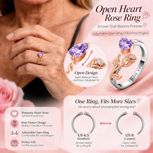 1CT Rose Heart Adjustable Ring 6.5~8 Ring Moissanite/Lab Created Ruby/Emerald And More VVS1 D Clarity 18K White/Rose Gold Gift for Wife Mother Daughter Birthday Wedding Engagement Christmas Anniversary Mothers Day Gift for Mom Bride (02/06-Feb/Jun Amethyst) - Thumbnail 6