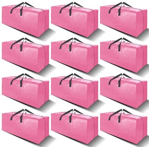 VELVETSURE 12 Pack Heavy Duty Large Moving Bags W/Backpack Straps - Strong Handles & Zippers, Storage Totes For Space Saving, Fold Flat, Alternative to Moving Box and Storage Bin, Pink - Image 1