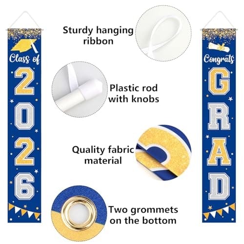 Graduation Decorations 2026 GRAD Banner Blue Porch Door Sign Welcome Banner For Indoor Outdoor Wall Graduation Decorations Class of 2026 - Thumbnail 4