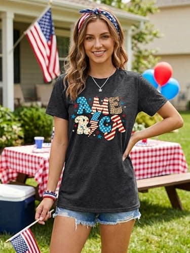 American Flag Shirts Women 4th of July Shirt Loves Jesus and America Too Tshirt Patriotic Short Sleeve Tops - Thumbnail 5