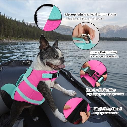 Dogcheer Dog Life Jacket Shark, Ripstop Dog Life Vest for Swimming Boating with Reflective Stripes & Rescue Handle, High Buoyancy Pet Swim Vest for Small Medium Large Dogs - Pink & Green, L - Thumbnail 4