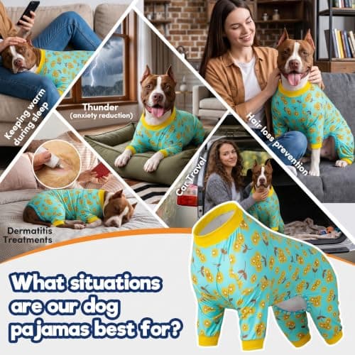 LovinPet Large Dog Pajamas Pitbull - Pet Anxiety Relief, Sun Protection Dog Pajamas, Comfy Stretchy Fabric, Mint Flower Print, Pitbull Clothes, Pitbull Onesie, Large Breed Apparel,Yellow L - Thumbnail 5