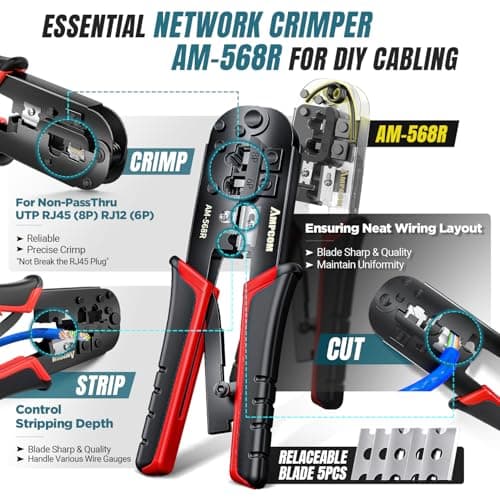 AMPCOM Ethernet Crimping Tool Kit 7-in-1 RJ45/RJ11 Network Tool Kit for Cat6/Cat5e/Cat5 RJ45 Connectors with 110 Punch Down Tool Wire Stripper in Portable Waterproof Bag - Thumbnail 2
