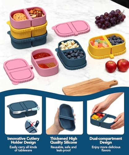 Niifawh 3 Pack Reusable Silicone Snack Containers, 8 oz Double Compartment Portable Snack Box with 3 Forks, Small Leakproof Food Storage Containers with Lids for Salad Dressing Sauce - Thumbnail 3