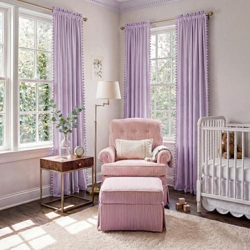NICETOWN Lilac Purple Velvet Curtains 96 Inch Length (2 Panels) – Pom Pom Room Darkening Drapes for Nursery & Kids Room, Thermal Insulated Soft Window Treatments Whimsical Charm Decor - Thumbnail 3