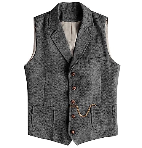 AeoTeokey Men's Tweed Suit Vest Western Herringbone Wool Casual Waistcoat for Groomsman (Grey,X-Large) - Image 1