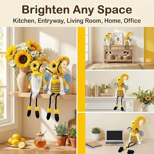 Lovinland Spring Decorations for Home, Office, Indoor - Yellow Honey Bumble Bee Sunflower Plush Gnomes Doll - Summer Gnome Gifts for Women - Bee Stuffed Sitters for Shelf Decor - Thumbnail 5