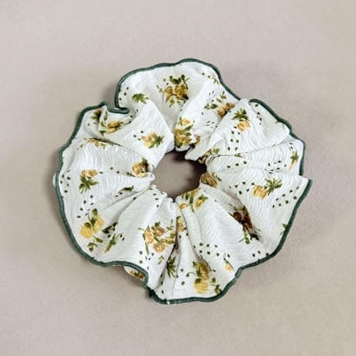 Jseng 3PCS Large Floral Scrunchies for Hair, Cute Hair Ties, Pink, Blue and Green - Thumbnail 4