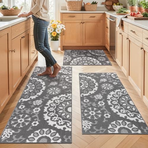 Yamaziot Washable Kitchen Rug Sets of 3, Non Slip Kitchen Mats for Floor, High-Low Textured Kitchen Runner Absorbent Stain Resistant Floor Carpet for Hallway, Laundry, Sink (Grey, 2x3+2x4+2x5ft) - Image 1