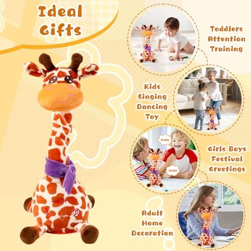 JISONCASE Talking Dancing Giraffe Baby Toy, Adjustable Volume Tummy Time Toy Repeating What You Say, Singing Mimicking Recording Sensory Education for Toddlers Boy Girls - Thumbnail 5