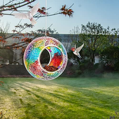 VCUTEKA Bird Feeder Mosaic Fly Through Bird Feeders for Outside Hanging with Round Shape Glass Container to Attract More Wild Birds for Garden, Yard, Backyard, Deck and Porch Decor, Purple 7-Inch - Thumbnail 2