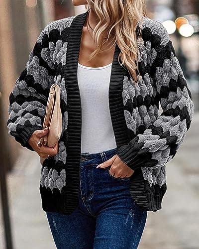 KIRUNDO Cardigan for Women Fall Lantern Sleeve Color Block Striped Cable Knitted Cardigan Casual Loose Open Sweater Jacket Winter Coat(Grey, Medium) - Thumbnail 3