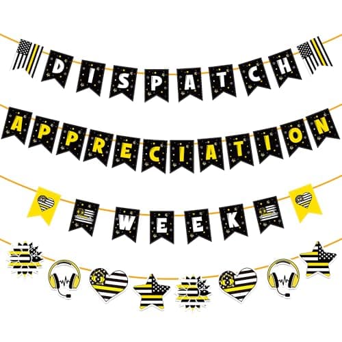 RUBOAOA Dispatcher Appreciation Week Decorations, 4 Pcs Black Gold Dispatcher Party Banners, Telecommunicator Week Gifts for 911 Dispatchers Telecommunicators Public Safety Office Appreciation Events